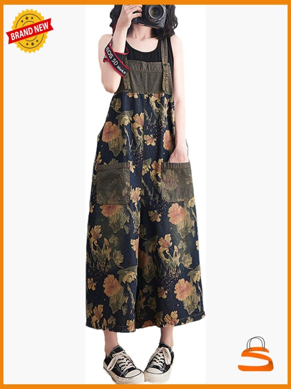 Womens Overalls Jumpsuits Floral Print Denim Baggy Wide Leg Pockets Low Crotch - Picture 1 of 6